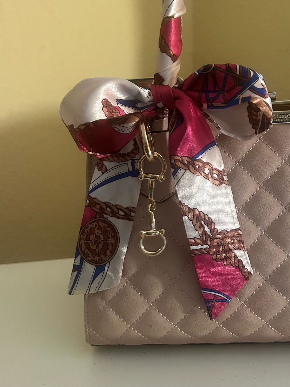 Twilly Silk Women Handbag Headband Neck Scarf Cream Purple Brown